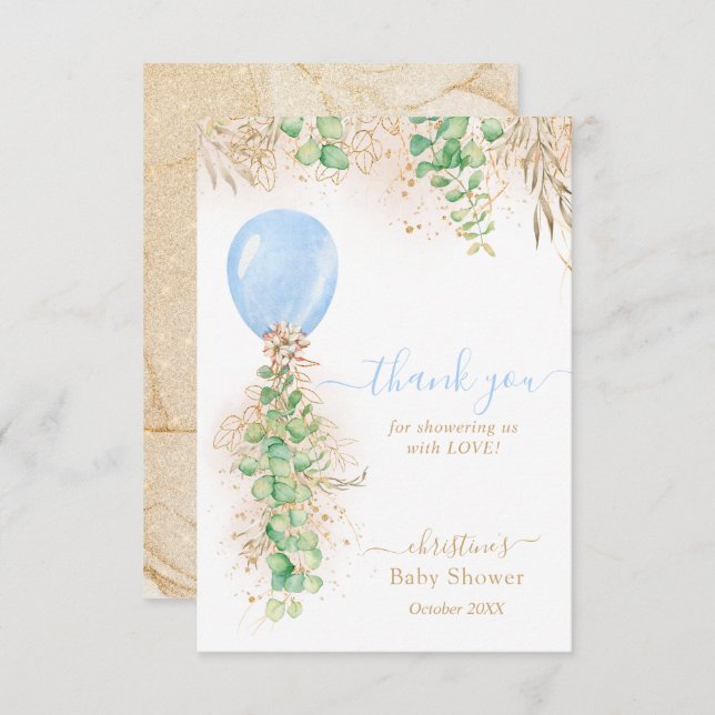 Eucalyptus Blue Balloon Baby Shower - tack för dit (Fram/baksida)