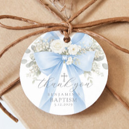 Eucalyptus Blue Bow Baptism Thank you Gåvor Etiketter