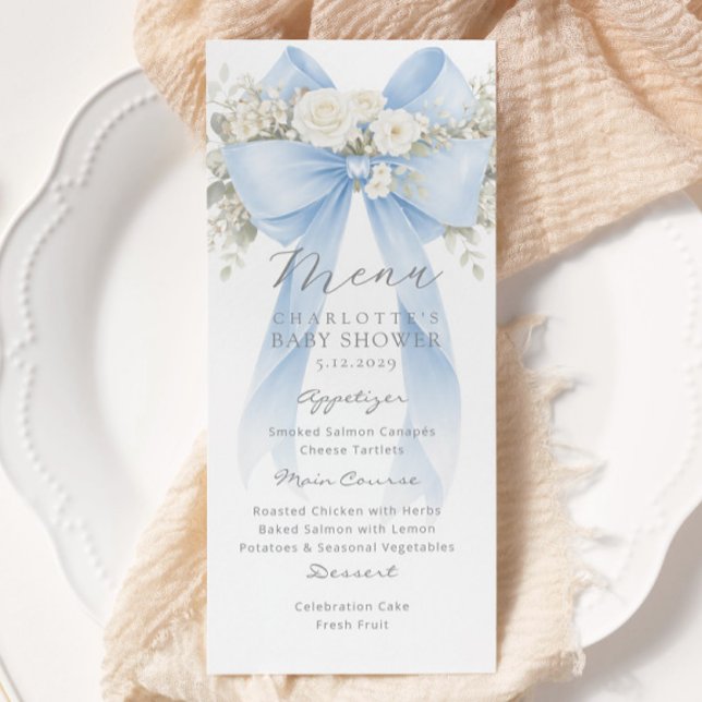 Eucalyptus Blue Bow Elegant Baby Shower Meny (Skapare uppladdad)