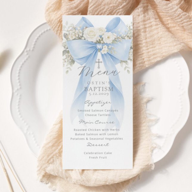 Eucalyptus Blue Bow Elegant Baptism Meny (Skapare uppladdad)
