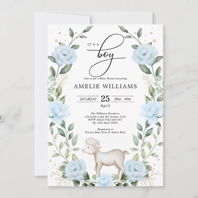 Eucalyptus Blue Flower Lamb Boy Shower Inbjudningar (Framsida)