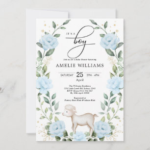 Eucalyptus Blue Flower Lamb Boy Shower Inbjudningar