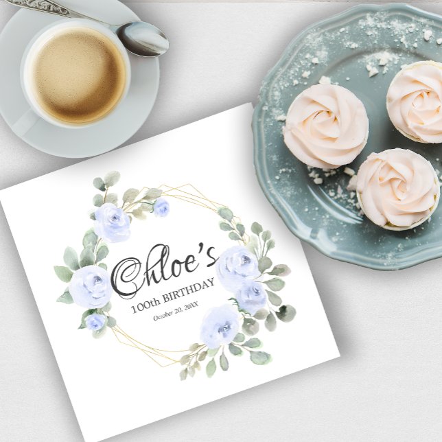 Eucalyptus Blue Ro Blommigt 100:e Födelsedagsfeste Pappersservett (Skapare uppladdad)