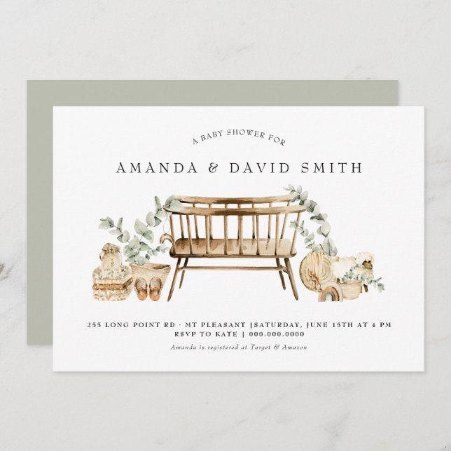 Eucalyptus Bohemian Baby Shower Sage Grönt  Inbjudningar (Fram/baksida)