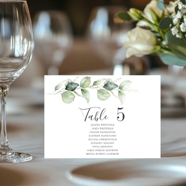 Eucalyptus Bordsnummer 5 Bröllop Sittplatser (Eucalyptus Greenery Wedding Reception Script Table Number with Guest Names)