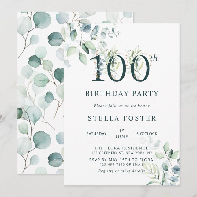 Eucalyptus Botanical 100: e Födelsedagsfesten Inbjudningar (Fram/baksida)
