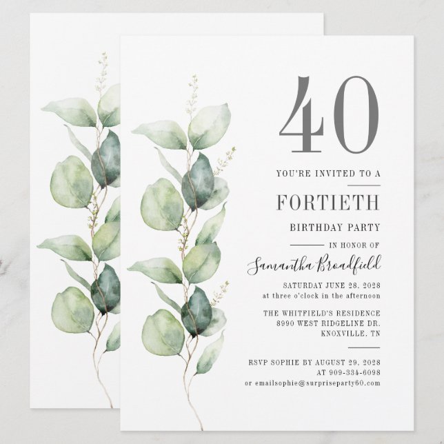 Eucalyptus Botanical 40:e födelsedagen Party Inbjudningar (Fram/baksida)