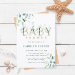 Eucalyptus Botanical Brev Guld Baby Shower Inbjudningar<br><div class="desc">Den här babyduschinbjudan innehåller färgade vattenfärger eucalyptus och grönt löv med botaniskt guld brev. Om du vill ha en mer avancerad anpassning av den här designen klickar du på Anpassa ytterligare för att ändra teckensnitt,  storleka och färg.</div>