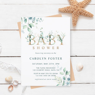 Eucalyptus Botanical Brev Guld Baby Shower Inbjudningar