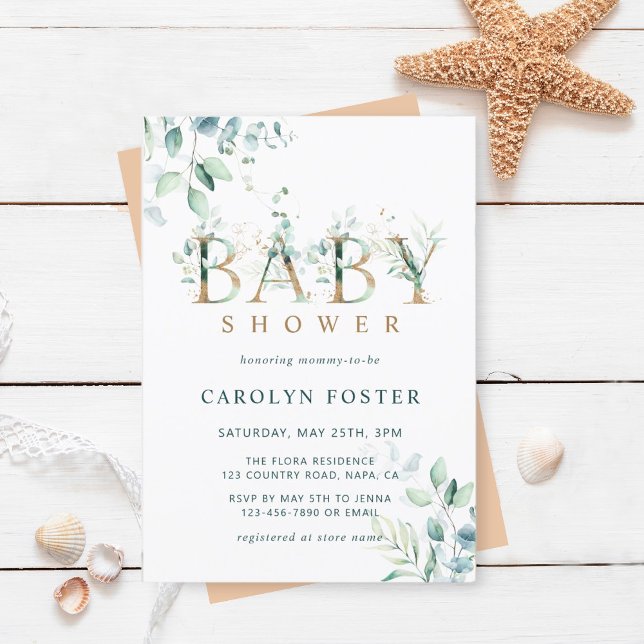Eucalyptus Botanical Brev Guld Baby Shower Inbjudningar (Skapare uppladdad)