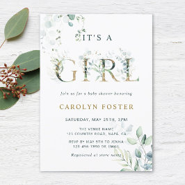 Eucalyptus Botanical Brev Guld Girl Baby Shower Inbjudningar