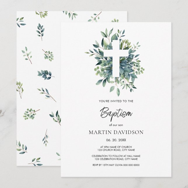 Eucalyptus botanical greenery Baptism Christening Inbjudningar (Fram/baksida)
