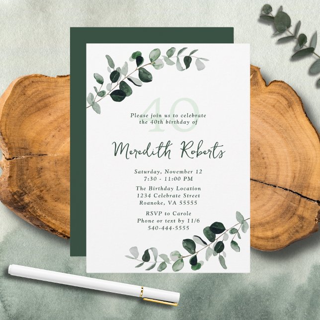 Eucalyptus Botanical Grey 40:e födelsedagen Inbjudningar (Eucalyptus Botanical Greenery Nature-Inspired 40th Birthday Party Invitation)