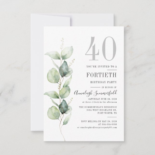 Eucalyptus Botanical Grey 40:e födelsedagen Party Inbjudningar (Framsida)
