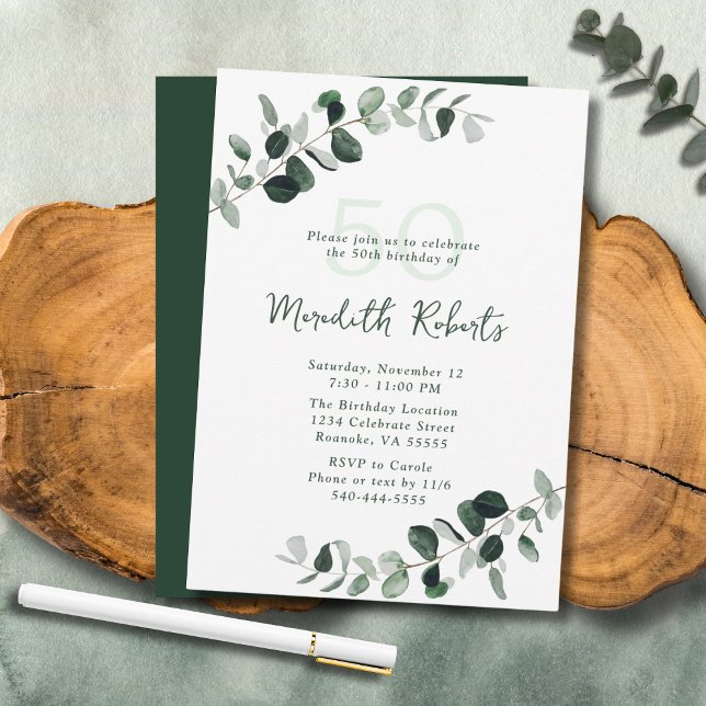 Eucalyptus Botanical Grey 50:e födelsedagen Inbjudningar (Eucalyptus Botanical Greenery 50th Birthday Party Invitation)