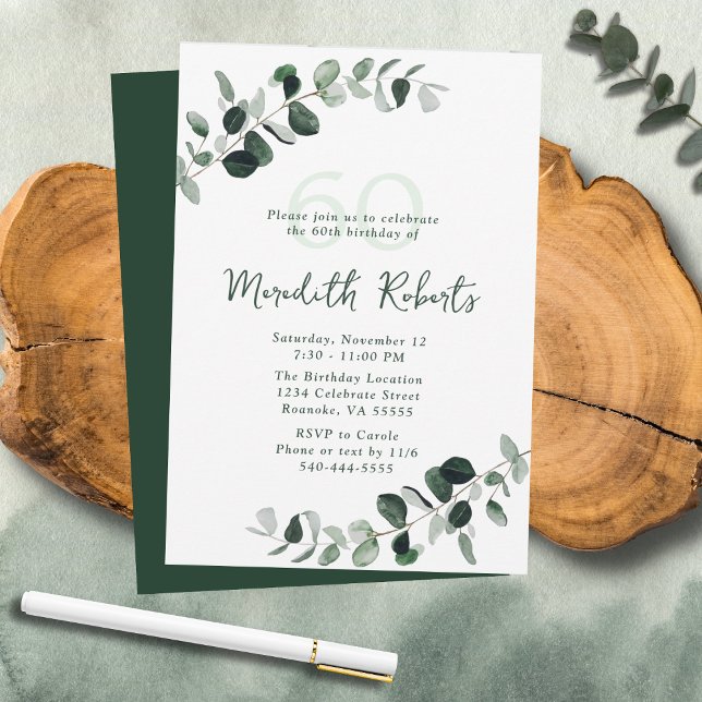 Eucalyptus Botanical Grey 60:e födelsedagen Inbjudningar (Eucalyptus Botanical Greenery Nature-Inspired 60th Birthday Party Invitation)