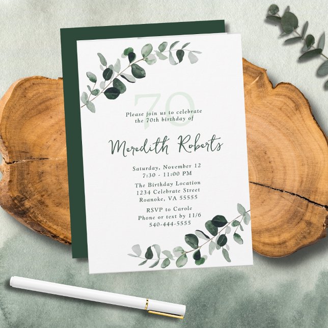 Eucalyptus Botanical Grey 70:e födelsedagen Inbjudningar (Eucalyptus Botanical Greenery Nature-Inspired 70th Birthday Party Invitation)