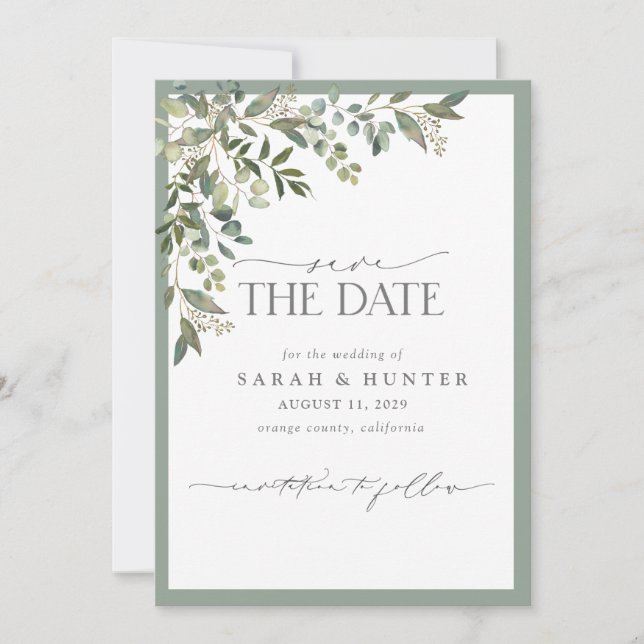 Eucalyptus Botanical Grey Calligraphy Bröllop Spara Datumet (Framsida)