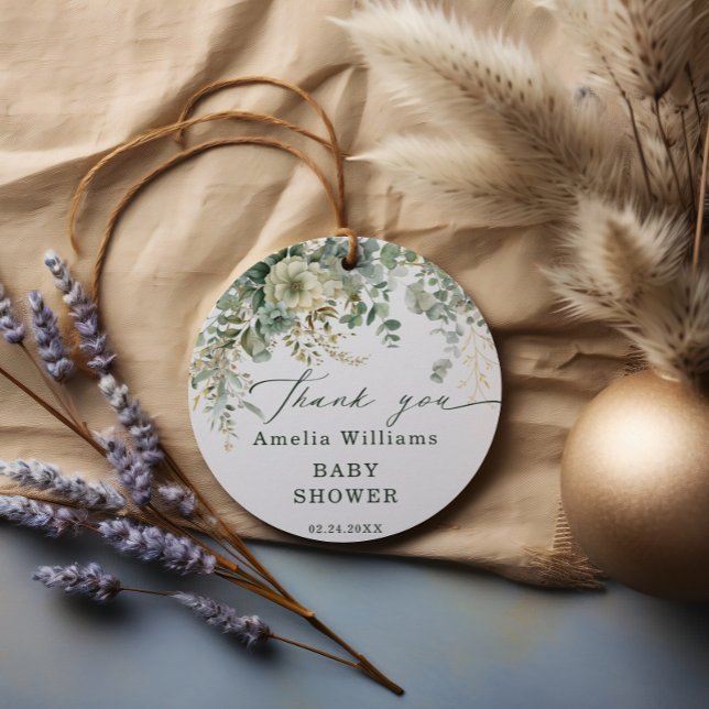 Eucalyptus Botanical Guld Baby Shower Tack Gåvor Etiketter (Skapare uppladdad)