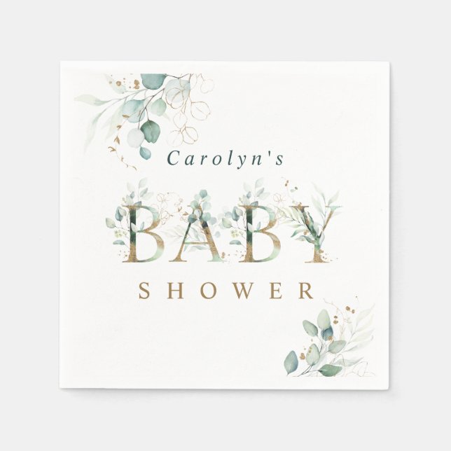 Eucalyptus Botanical Guld Brev Baby Shower Pappersservett (Framsidan)