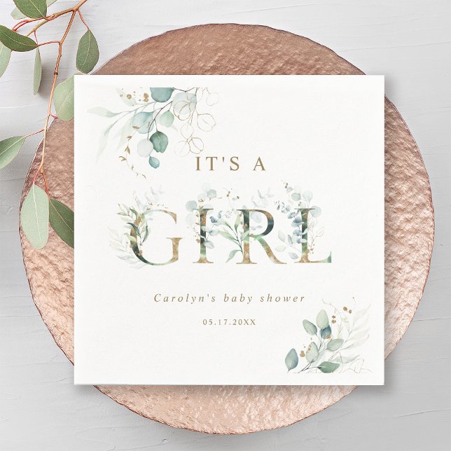 Eucalyptus Botanical Guld Brev Girl Baby Shower Pappersservett (Skapare uppladdad)