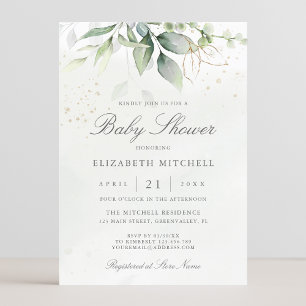 Eucalyptus Botanical Guld Modern Baby Shower Inbjudningar