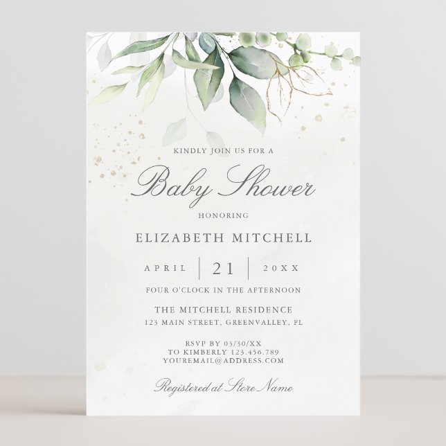 Eucalyptus Botanical Guld Modern Baby Shower Inbjudningar (Skapare uppladdad)