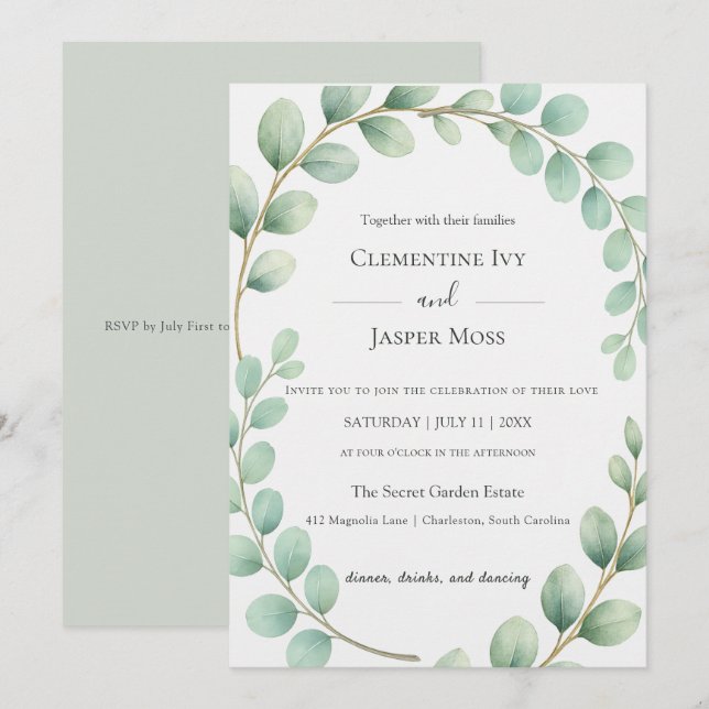 Eucalyptus Botanical Sage Green Boho Wedding Inbjudningar (Fram/baksida)