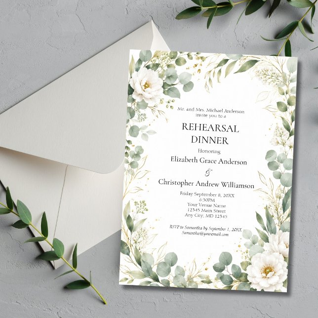 Eucalyptus Botanicals Vit Ros Övningsmiddag  Inbjudningar (Eucalyptus Greenery Botanicals White Roses Florals Wedding Rehearsal Dinner Invitation)