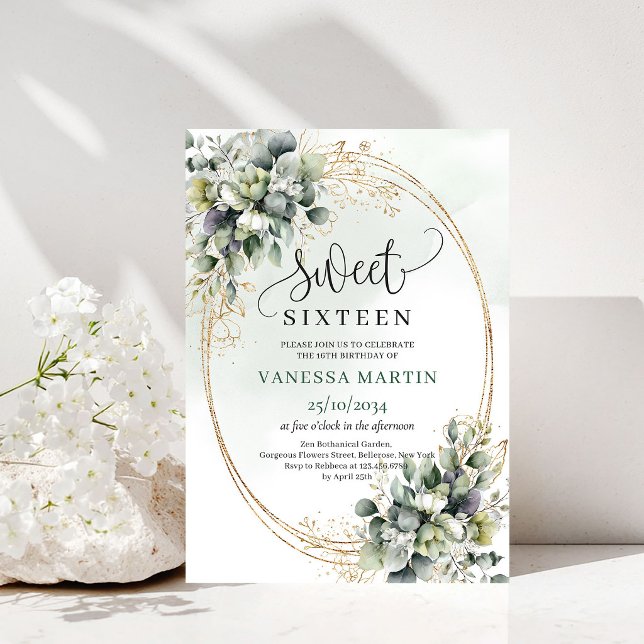 Eucalyptus Botanisk Sweet 16 Grön Guld Inbjudan (Eucalyptus Botanical Sweet 16 Green Gold Invite)