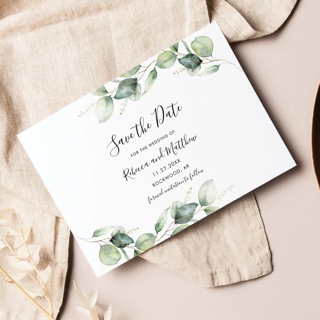 Eucalyptus botaniska skript minimalistisk spara datumet (Eucalyptus Foliage Save the Date Card)
