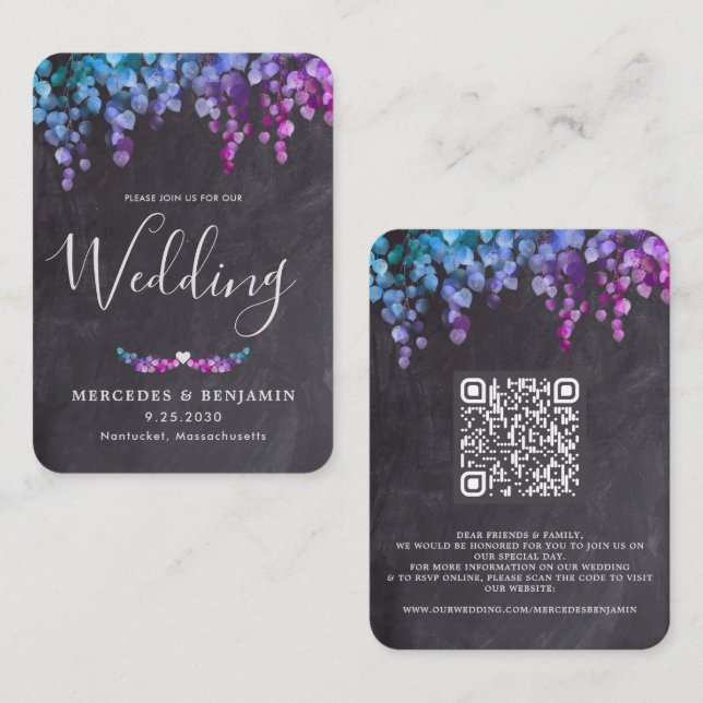 Eucalyptus Botaniskt QR- kod Slate Wedding bjudand Visitkort (Fram/baksida)