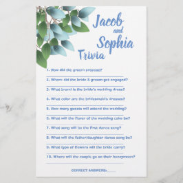 EUCALYPTUS BRIDE & GROOM TRIVIA SHOWER GAME CARD FLYGBLAD