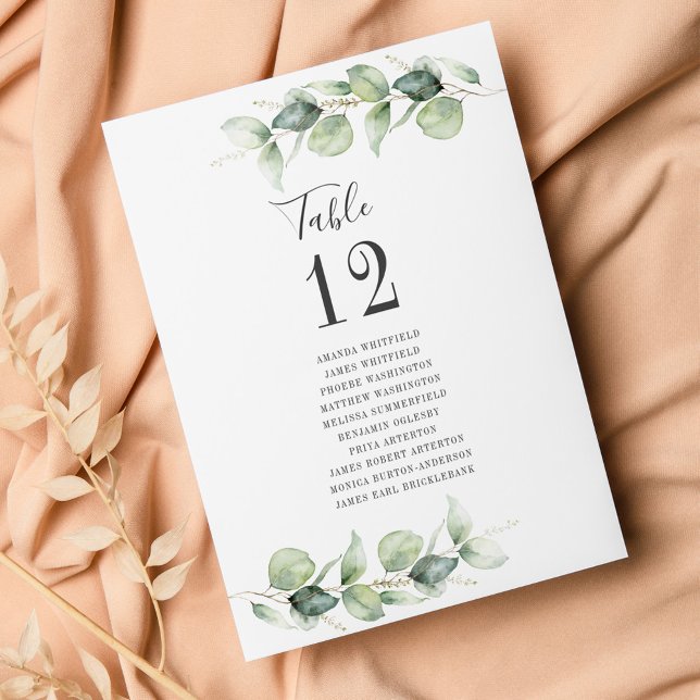 Eucalyptus Bröllop Bordsnummer med Guest Namn (Watercolor Eucalyptus Wedding  Reception Table Number Card)