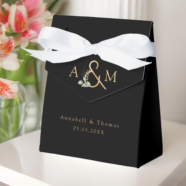 Eucalyptus Bröllop Box Geschenkschachtel Presentaskar (Eucalyptus Wedding Favor Box. Black Gold with your monogram, name and date)