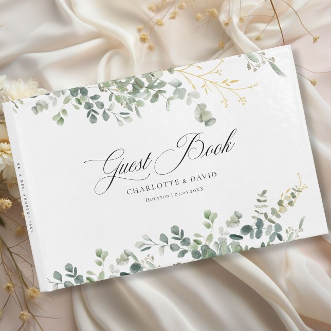 Eucalyptus Bröllop handskriftskript Bröllop Gästböcker (Eucalyptus Wedding Handwriting Script Wedding Guest Book with your name and date.)
