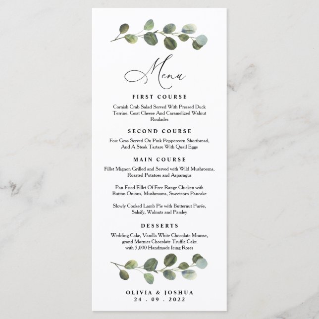Eucalyptus Bröllop Menu, Greenery Bröllop Meny (Framsida)