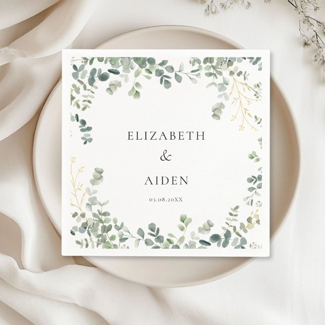 Eucalyptus Bröllop Pappersservett (Eucalyptus Wedding Napkins with your name and date.)