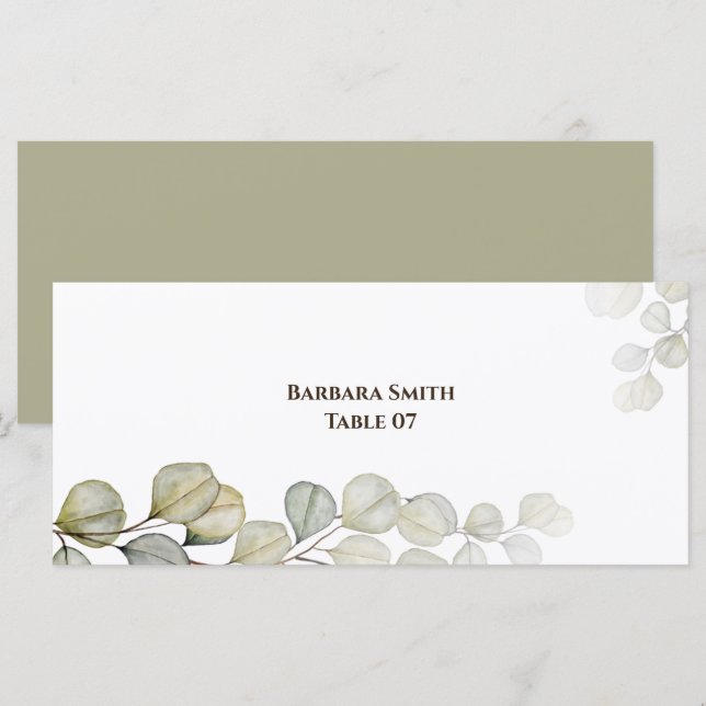 Eucalyptus Bröllop placerat kort för vattenfärg (Fram/baksida)