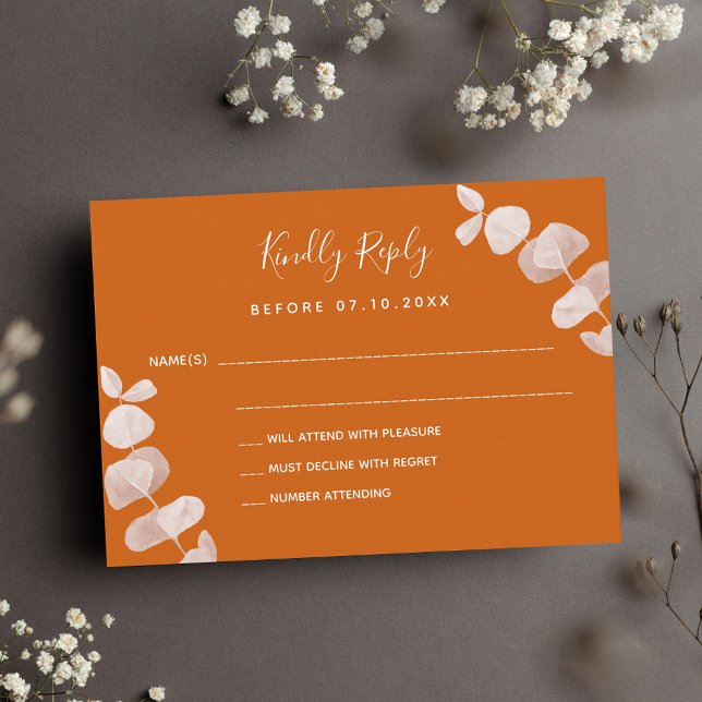 Eucalyptus bröllop-responsOSA vid bränd orange Anteckningskort (Skapare uppladdad)
