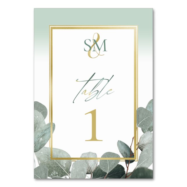 Eucalyptus bröllop sage grönt monogram bordsnummer (Framsidan)