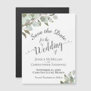 Eucalyptus Bröllop spara datum Calligraphy White Magnetisk Inbjudningskort