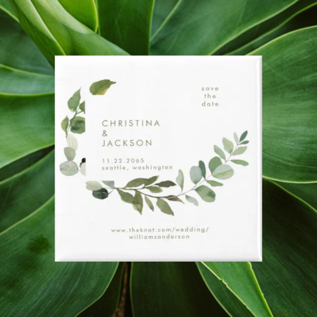 Eucalyptus Bröllop Square Spara datumtexten Guld Magnet (Skapare uppladdad)