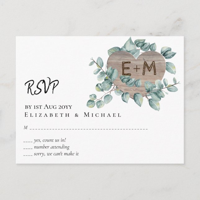 Eucalyptus Bröllop - Watercolor Greenery Monogram Vykort (Framsida)