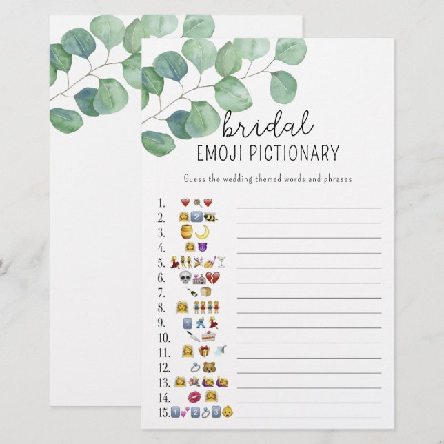Eucalyptus - bröllopsdusch emoji pictionary spel (Fram/baksida)