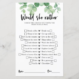 Eucalyptus Bröllopsdusch spel Would she rather 