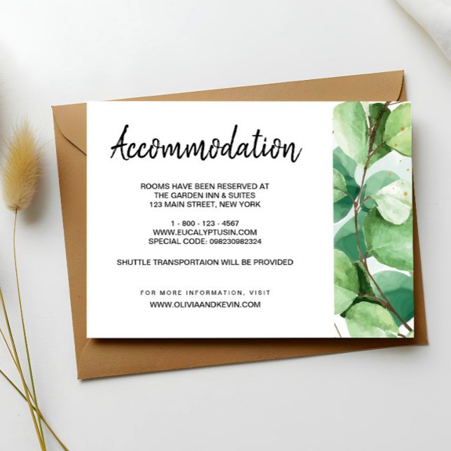 Eucalyptus bröllopsinloggning detaljer kort (Eucalyptus Wedding Details Enclosure Card, Eccommodation Card, Information Wedding Enclosure Card)