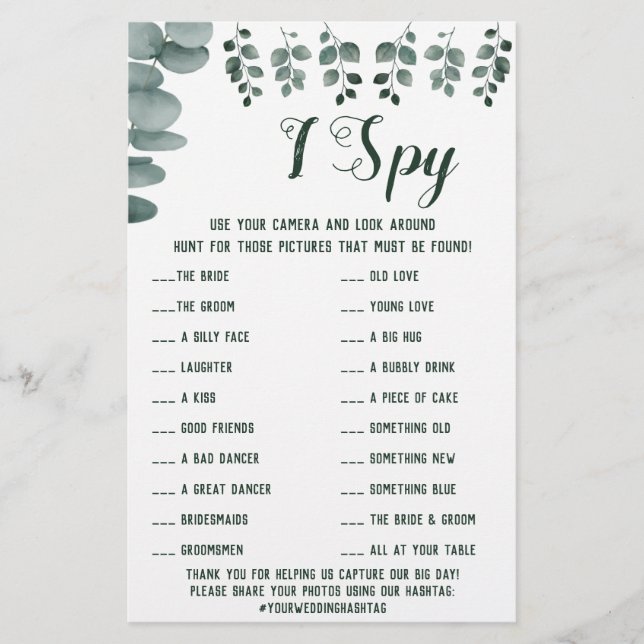 Eucalyptus bröllopsmottagning I Spy Game Card Flygblad (Framsidan)