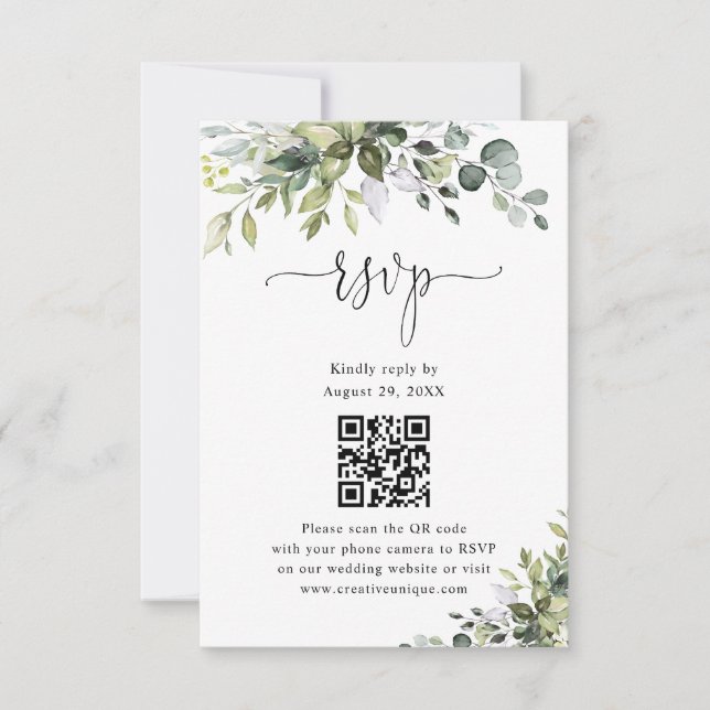 Eucalyptus Bröllopswebbplats QR-kod RSVP  OSA Kort (Framsida)