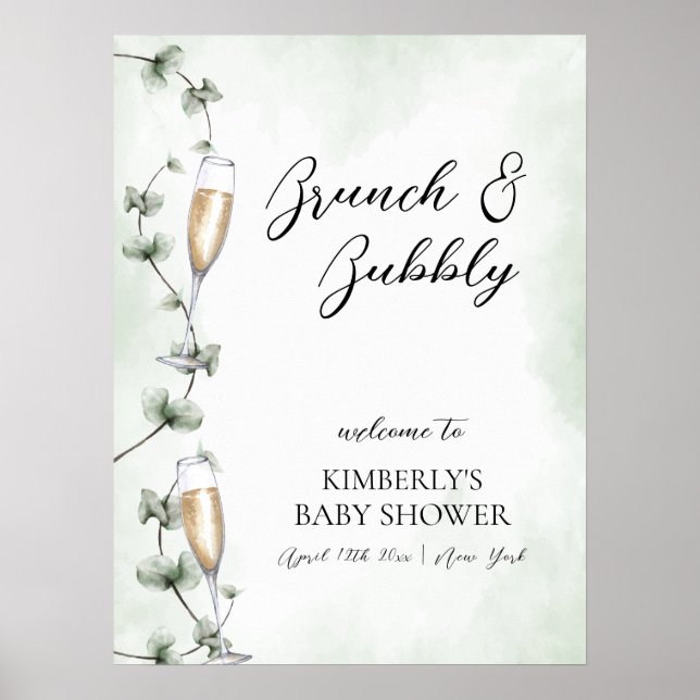 Eucalyptus Brunch Champagne Baby Shower Välkommen Poster (Framsidan)